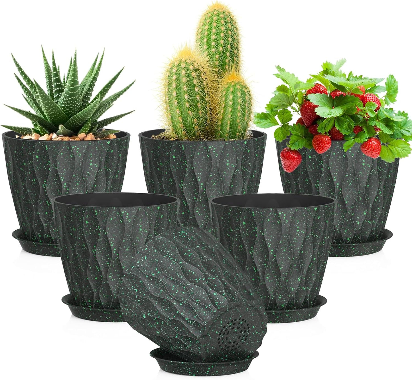 5 inch Plant Pots for Indoor Outdoor Plants, 6 Pack Thick Nursery Pots with Drainage Holes and Saucers, 3D Modern Wave Texture Small Plastic Planter Flower Pots, Black with Green Speckles