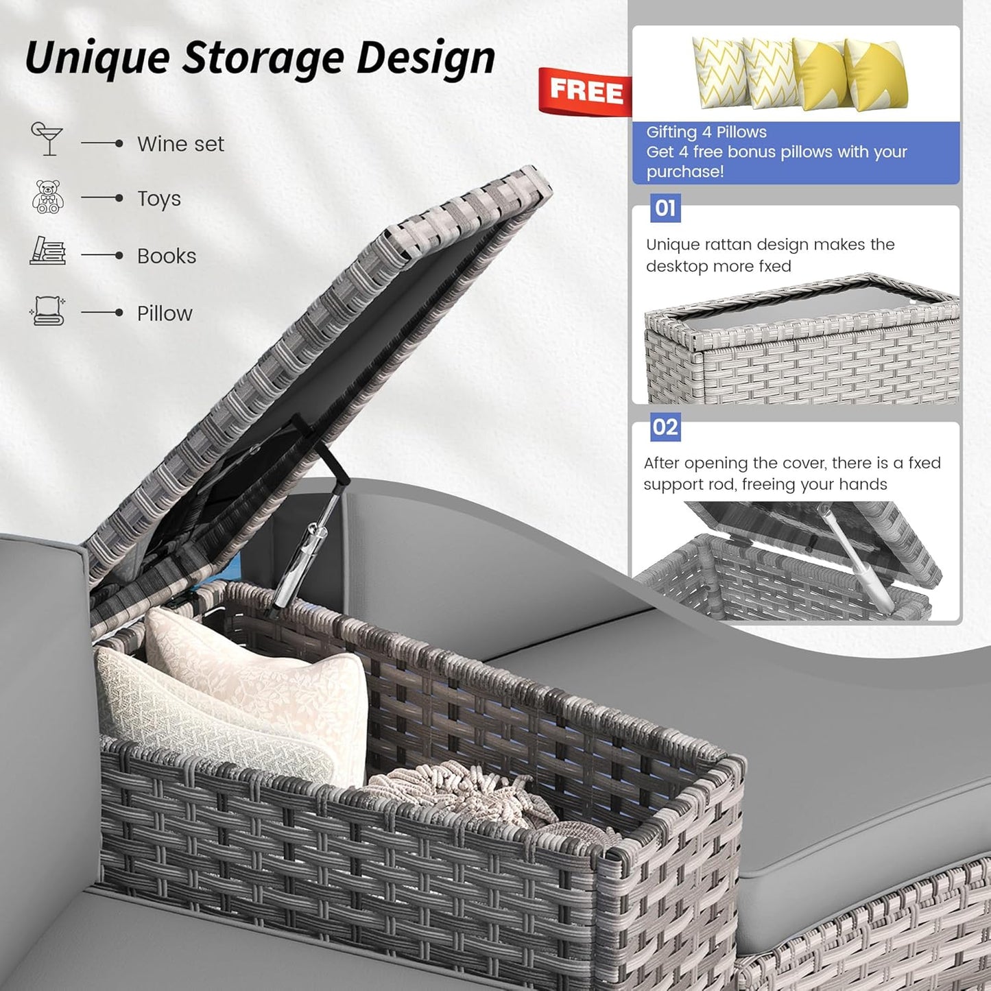 Patio Sectional Furniture Outdoor 7-Piece Grey Rattan Curved Sofa Set with Storage Table, Fit for Pool Backyard Balcony Porch Lawn (Grey)