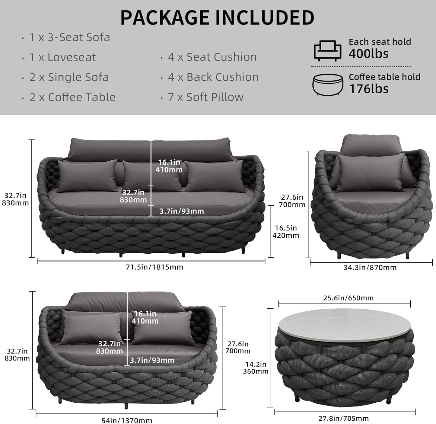 TWT 6-Piece Patio Furniture Set, Modern Outdoor Conversation Set Aluminum Sectional Sofa with Water Repellent Thick Cushions and Coffee Tables, Dark Grey