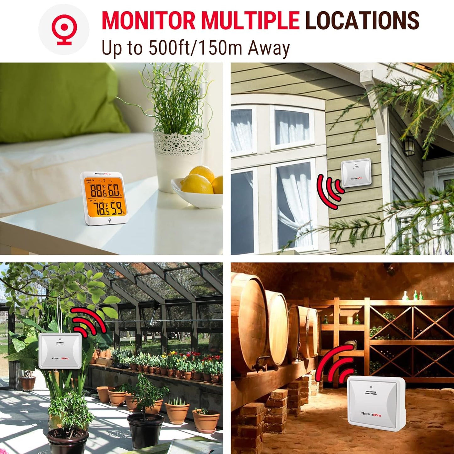 ThermoPro Indoor Outdoor Thermometer Wireless Hygrometer, 500FT Inside Outside Thermometer, Remote Temperature Monitor with Cold-Resistant Sensor, Outdoor Thermometers for Patio Home Greenhouse