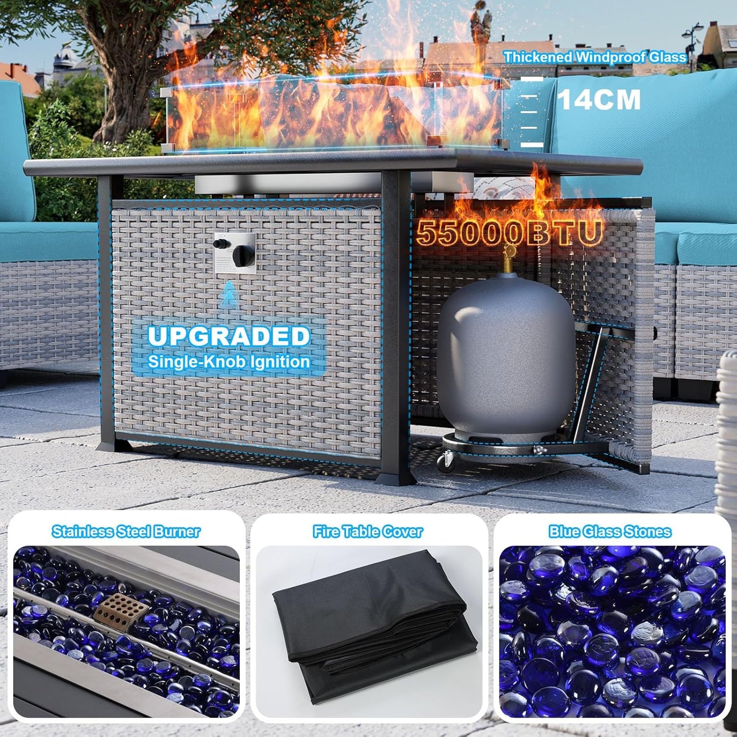 11-Piece Patio Furniture Set, Outdoor Patio Furniture with 55,000 BTU Fire Pit Table, Swivel Chairs Set, Thick Cushions, Modular Patio Sofa, Dual-Strand Wicker Rattan, Rust-Resistant Frame, Lake Blue
