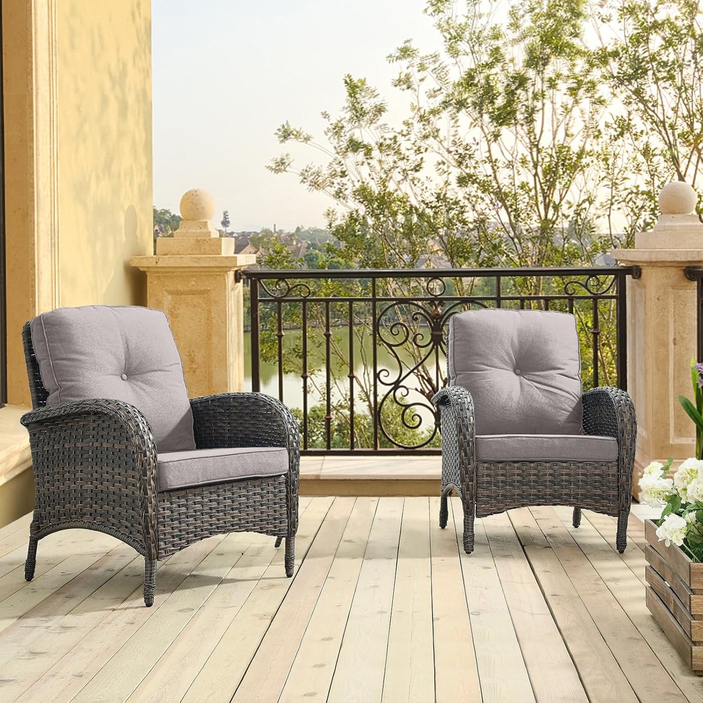 HUMMUH Outdoor Wicker Chairs Patio Dining Chairs Set of 2 with High Back and Deep Seat for Garden,Porch,Backyard,Balcony (Brown/Grey)