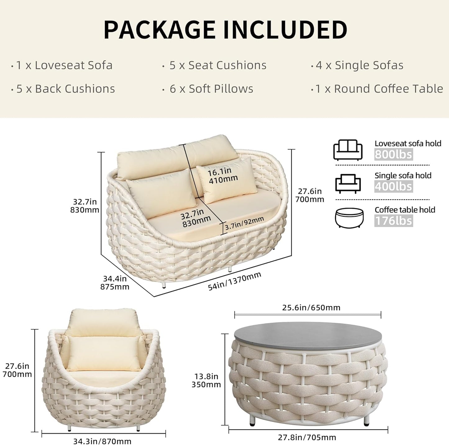 6-Piece Aluminum Patio Furniture Set, Olefin Rope Modern Outdoor Conversation Set Sectional Sofa with Water Repellent Thick Cushions and Coffee Table for Balcony, Garden, Beige