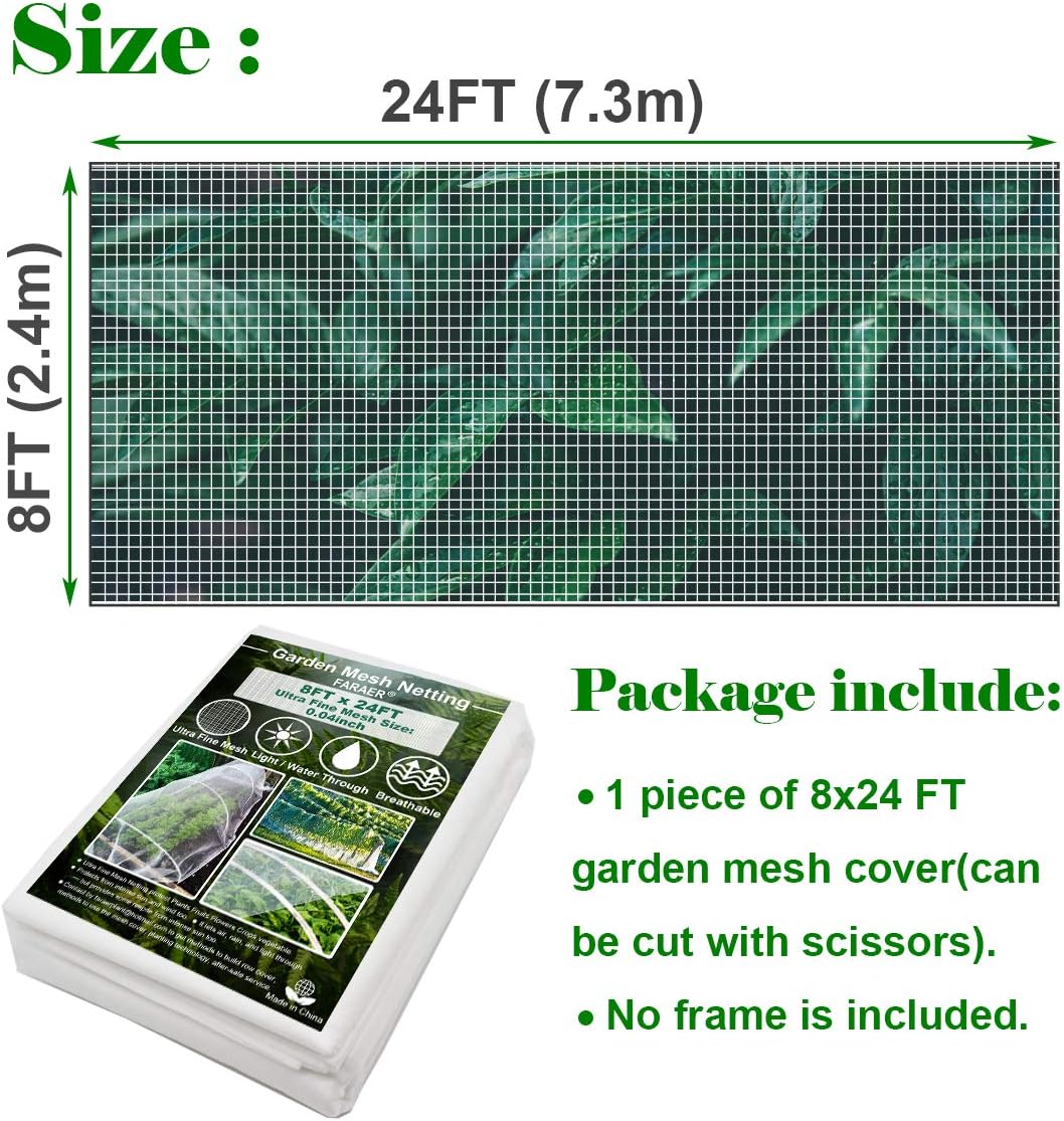 Ultra Fine Garden Mesh Netting, FARAER Plant Covers 8'x24' Garden Netting for Protect Vegetable Plants Fruits Flowers Crops Greenhouse Row Cover Protection Mesh Net Patio Gazebo Screen Barrier Net
