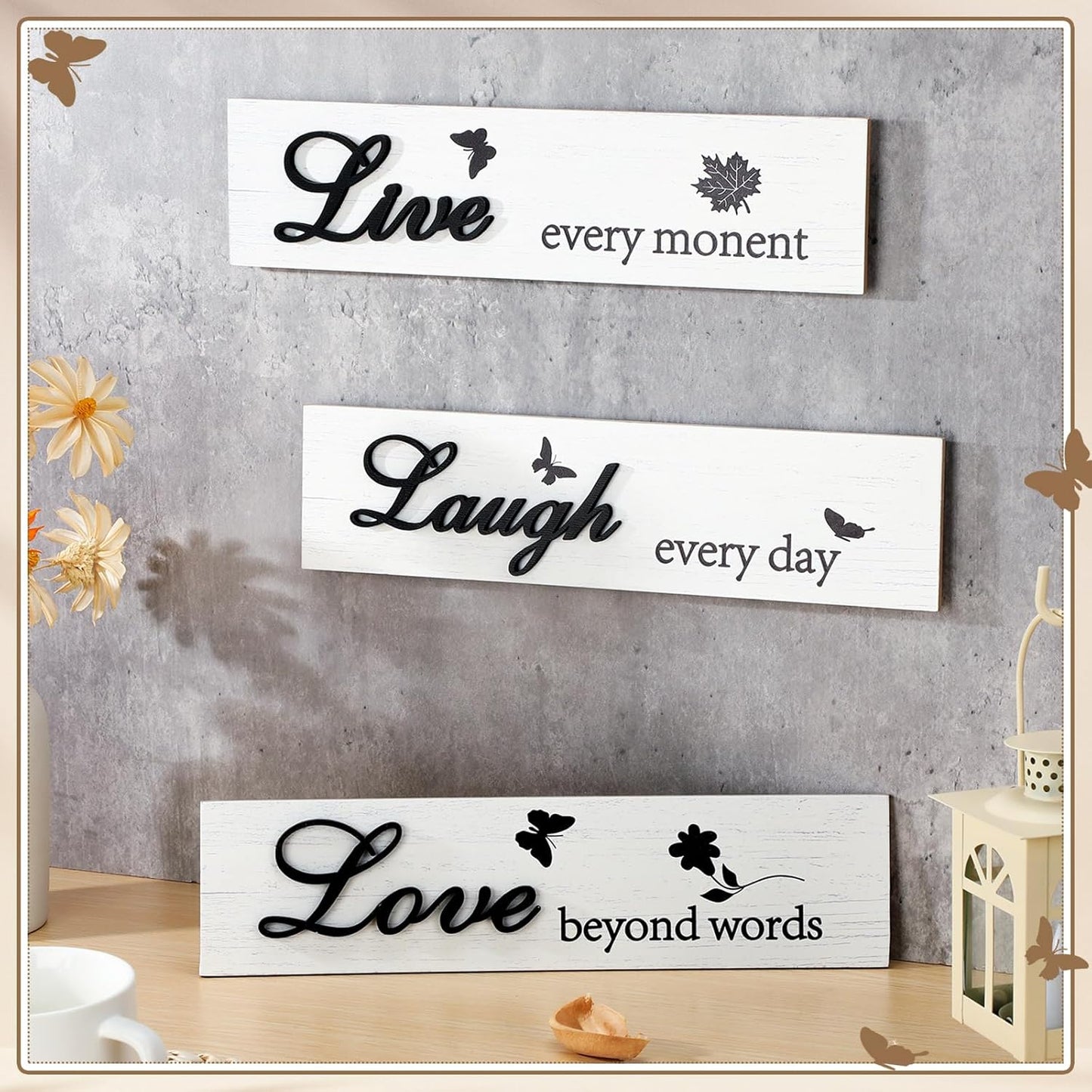 Jetec 3 Pieces Rustic Wood Sign Wall Decor Live Love Blessed Family and Love Quote Sign Farmhouse Wall Mount Decoration for Home Kitchen Living Room, 12 x 3 x 0.2 Inch(White, Black,Classic)