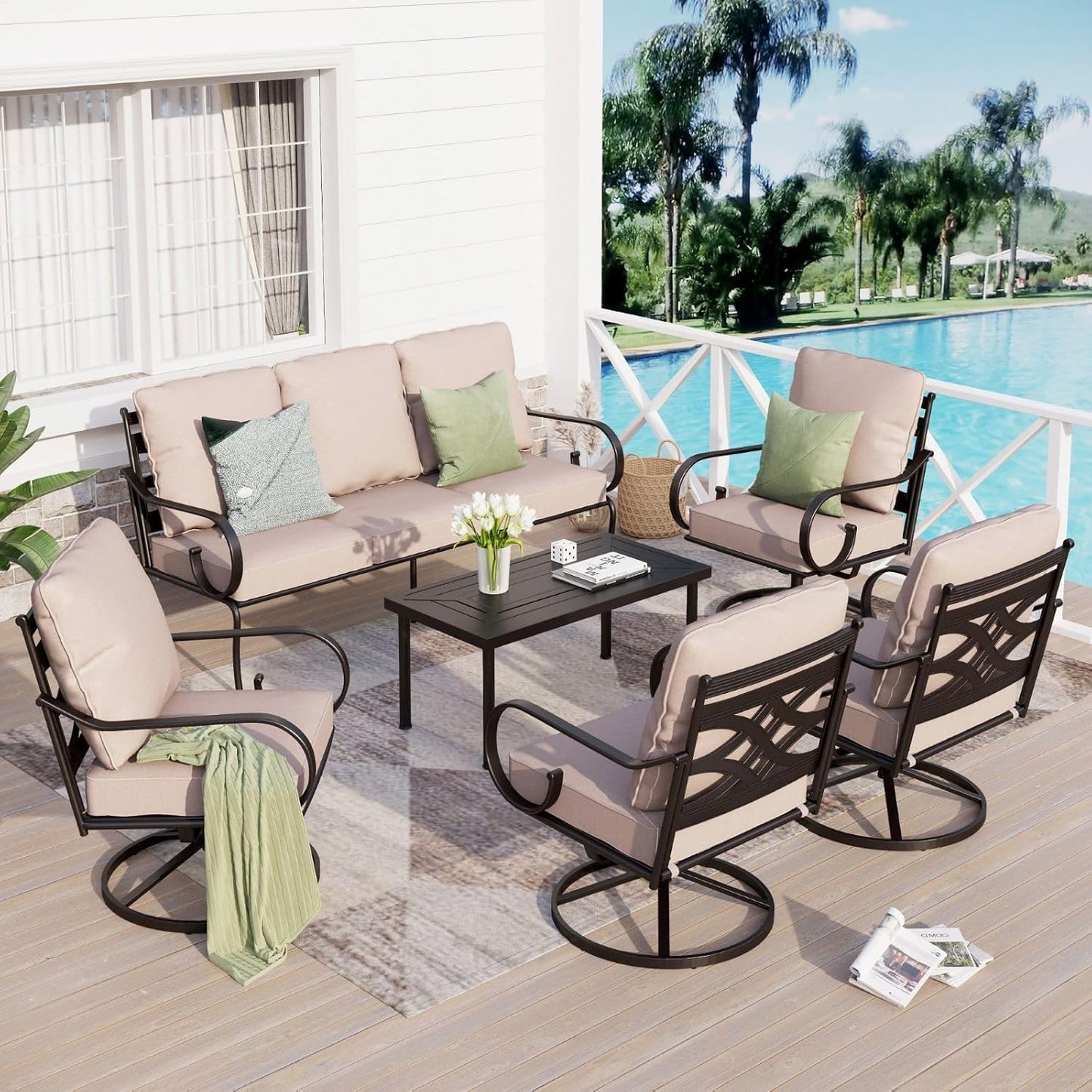 Sophia & William 6 Piece Patio Furniture Set Outdoor Couch Sofa, Backyard Patio Conversation Sets 7 Seat Clearance with 3-seat Sofa x 1, Swivel Chair x 4, Metal Coffee Table x 1 for Porch Lawn, Beige