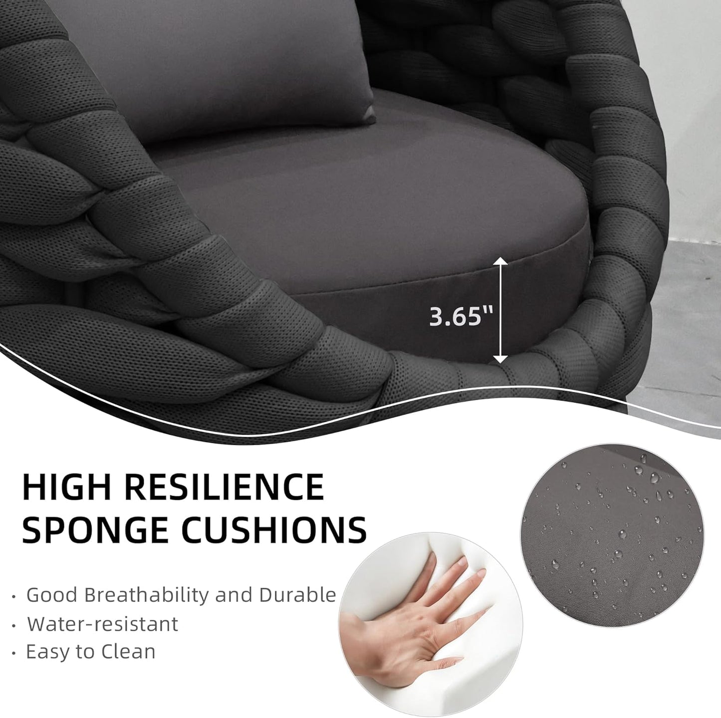 TWT Outdoor All-Weather Polyester Rope Balcony Couch with Cushions & Pillows, Perfect for Patio, Balcony, Backyard, Deck, Poolside, Dark Grey