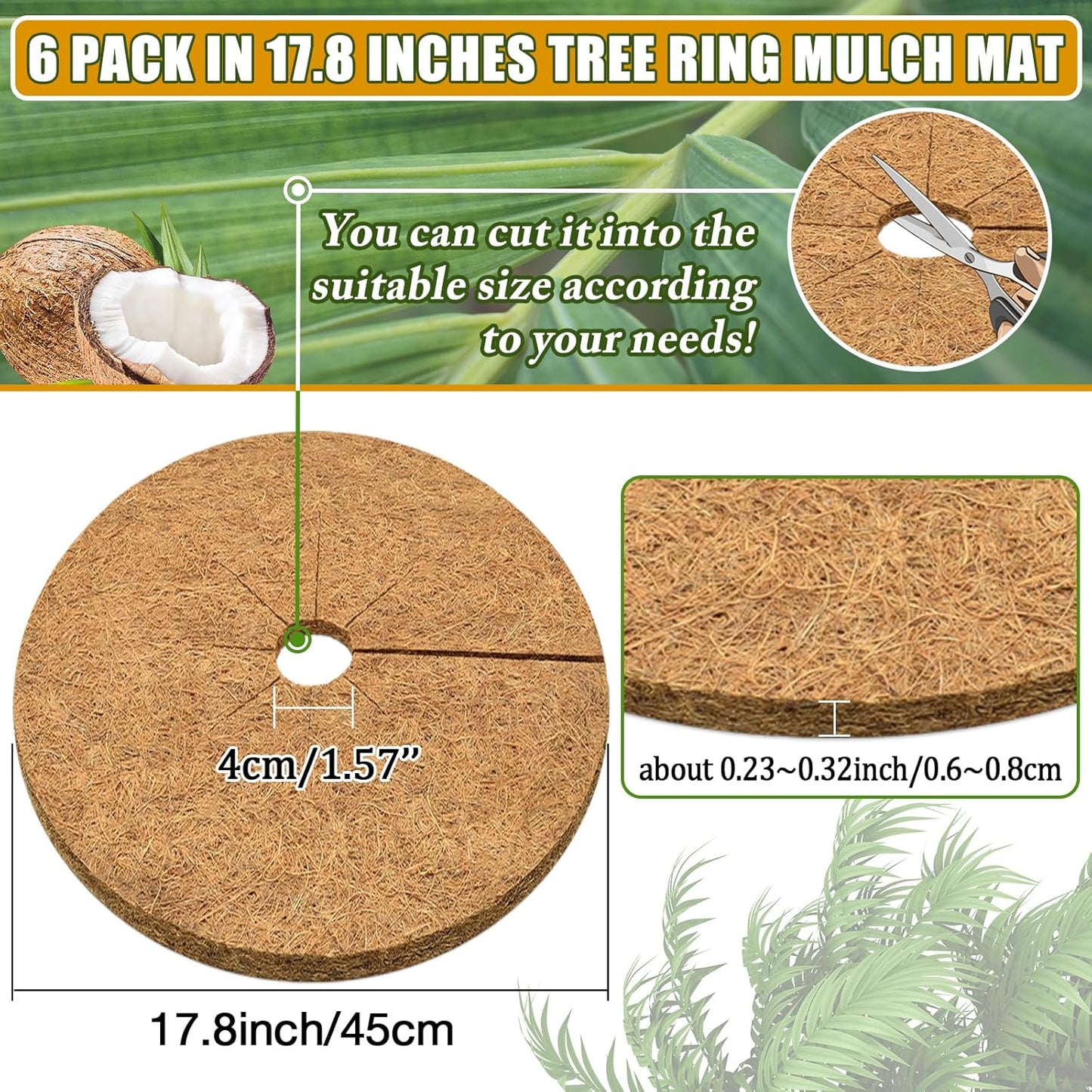 ZeeDix 6 Pack 18 Inch Coconut Fiber Tree Mulch Ring, 100% Natural Coco Coir Tree Ring Mulch Mat, Coconut Coir Discs Plant Cover Tree Protectors Mats Mulch Rings for Landscaping Trees Outdoor Plants