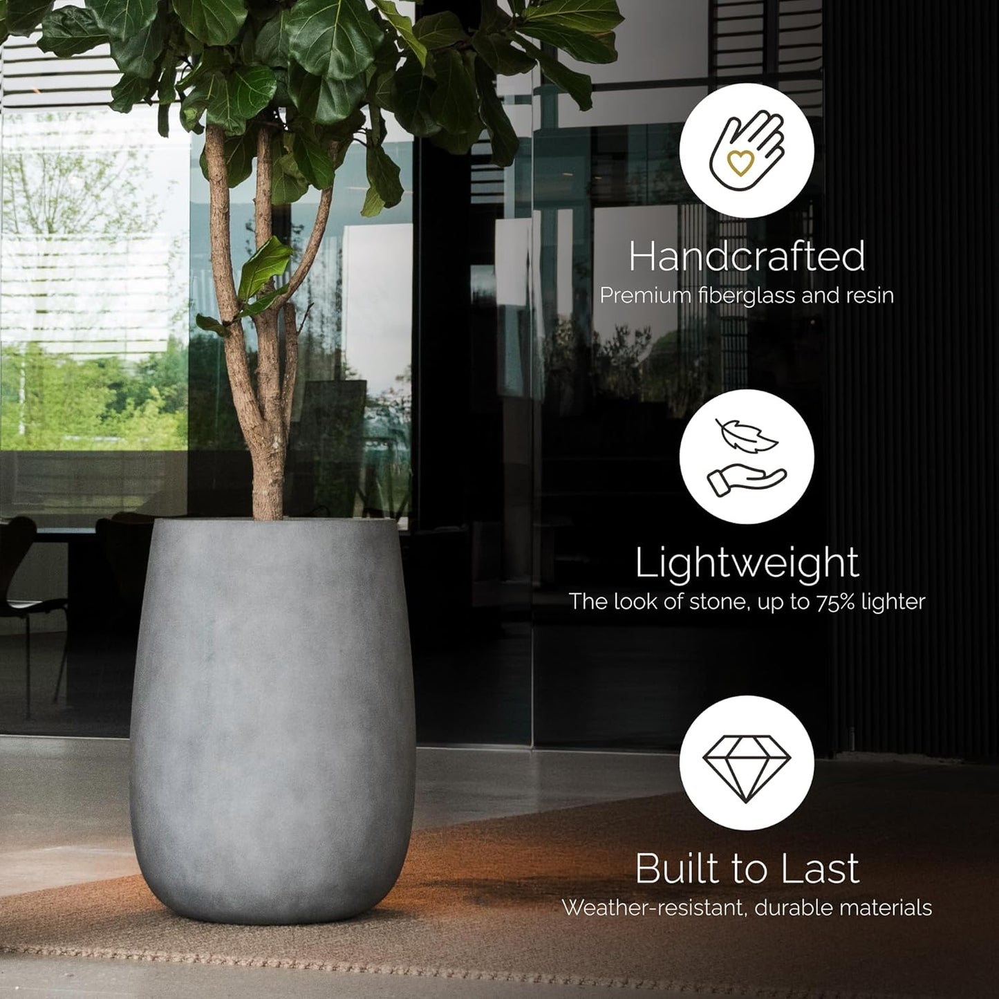 Mondo High Tall Planter – Grey Stone Finish – Fiberglass Indoor/Outdoor and Weather-Resistant Round Planter (25.6" D x 35.6" H Exterior, 20.3" D x 35.4" H Interior)