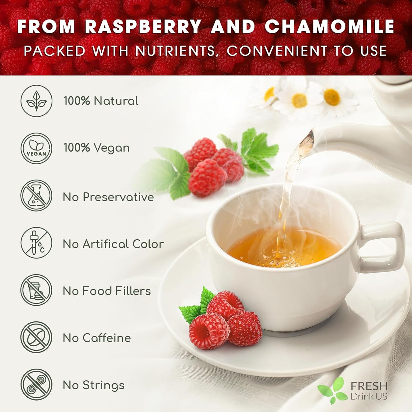 FreshDrinkUS, 75 Bags Premium Raspberry Leaf Teawith Chamomile Flavor, Eases Menstrual Cramps & Supports Healthy Pregnancy, Naturally, Caffeine-Free, Sugar Free, Vegan