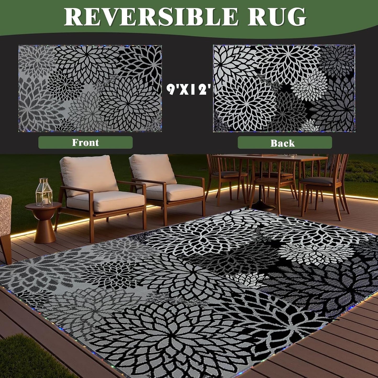 Outdoor Rug 9x12 ft with LED Light, Waterproof Reversible Outdoor Plastic Straw Rug for Patios Clearance, Large Outdoor Area Rug Carpet RV Mat for Camping Backyard Deck Porch Beach