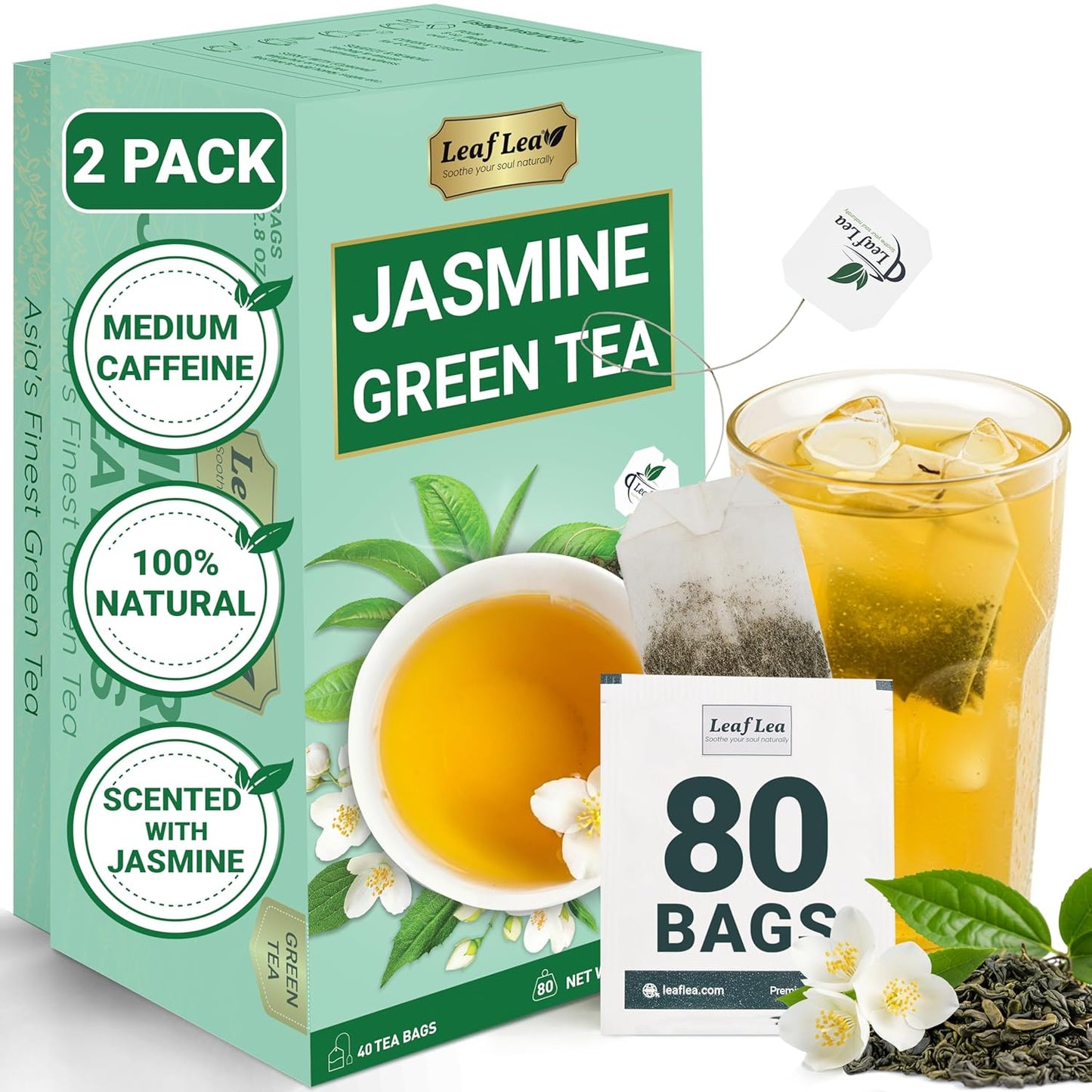 LeafLea 80 Jasmine Green Tea Bags, Green Tea with Natural Jasmine Aroma, Light Focus & Daily Balance, Delicate Floral and Smooth Taste, Caffeinated, Sugar-Free, Non-GMO, Vegan, Individually Wrapped