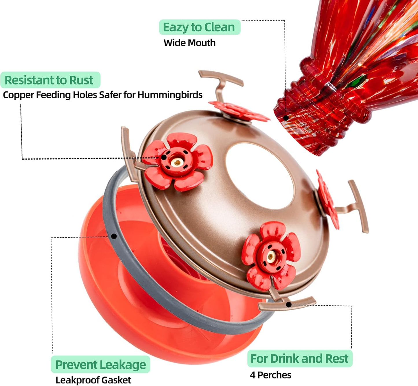 Gifts for Mom 34OZ Hand Blown Glass Hummingbird Feeders for Outdoors Hanging, with Ant Moat Humming Bird Feeders, Porch Backyard Decor Gifts for Women (Floral Balloon)