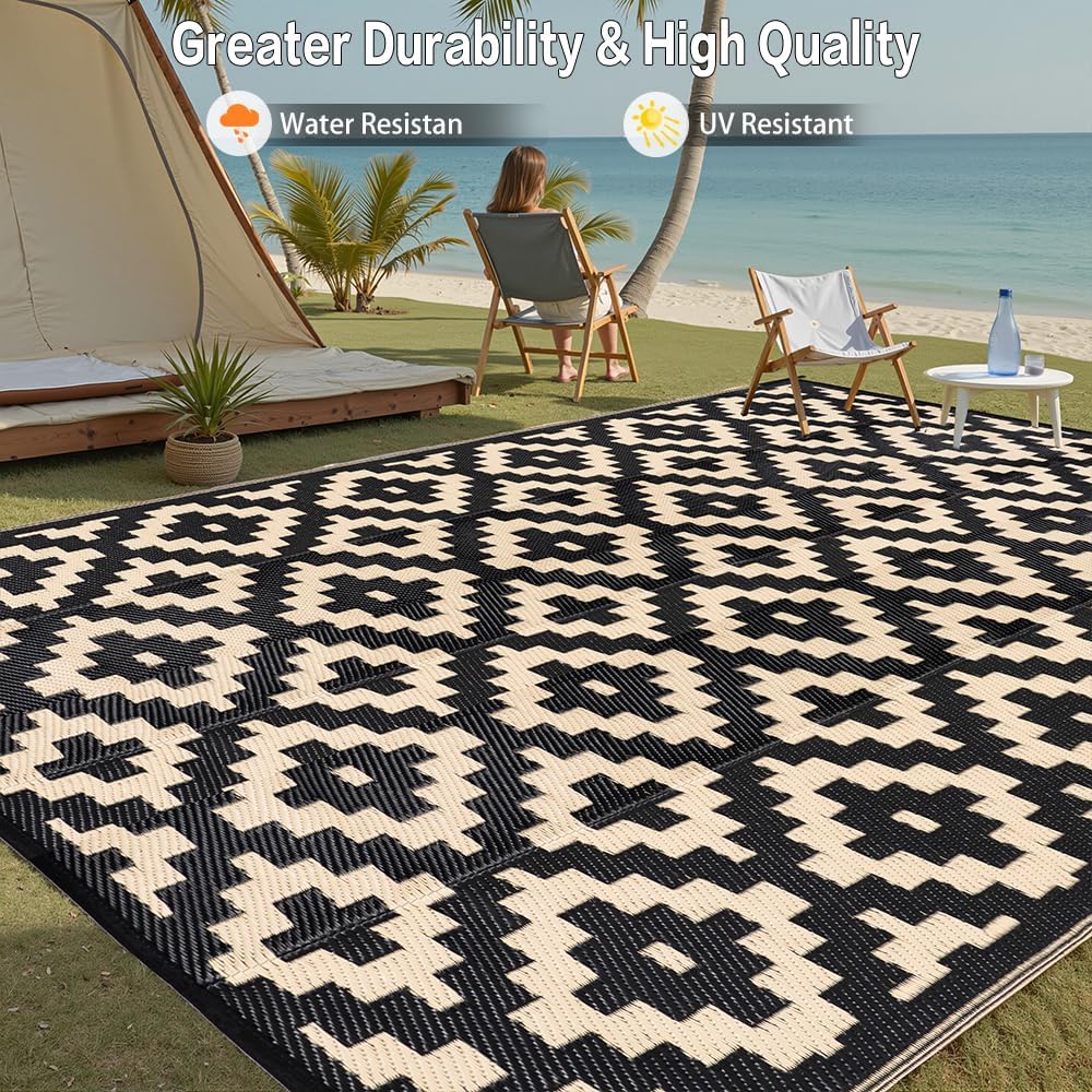 Outdoor Plastic Straw Rug, Waterproof Mat, Washable Large Floor Mat and Rug for Outdoors, RV, Beach, Patio, Camping, Backyard, Deck, Picnic, Indoor Outside (8x10ft,Geometry/Black&Beige)