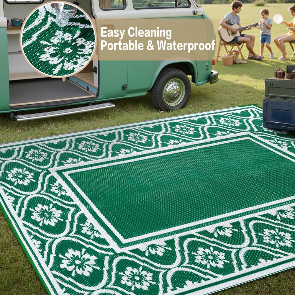 Plastic Outdoor Rug 6'x9' Waterproof Camping Carpet Outside Area Rug Reversible Green Rugs for RV Deck Entryance Porch Picnic Balcony Beach