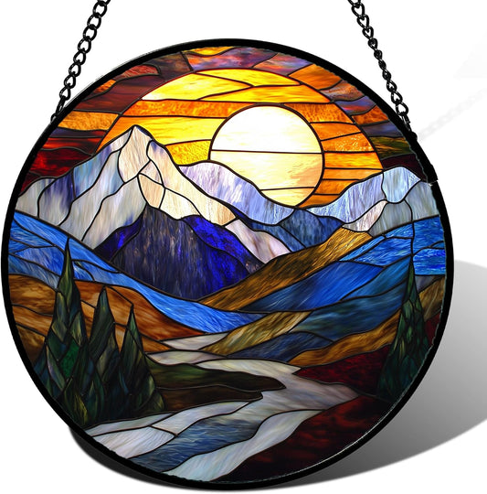 Stained Glass Window Hanging, Yellow Blue Sunset Mountains Scenery Sun Catcher for Window Home Decor Landscape Suncatcher Mother's Day Birthday Gifts for Women Men Mom and Nana 11.8 in