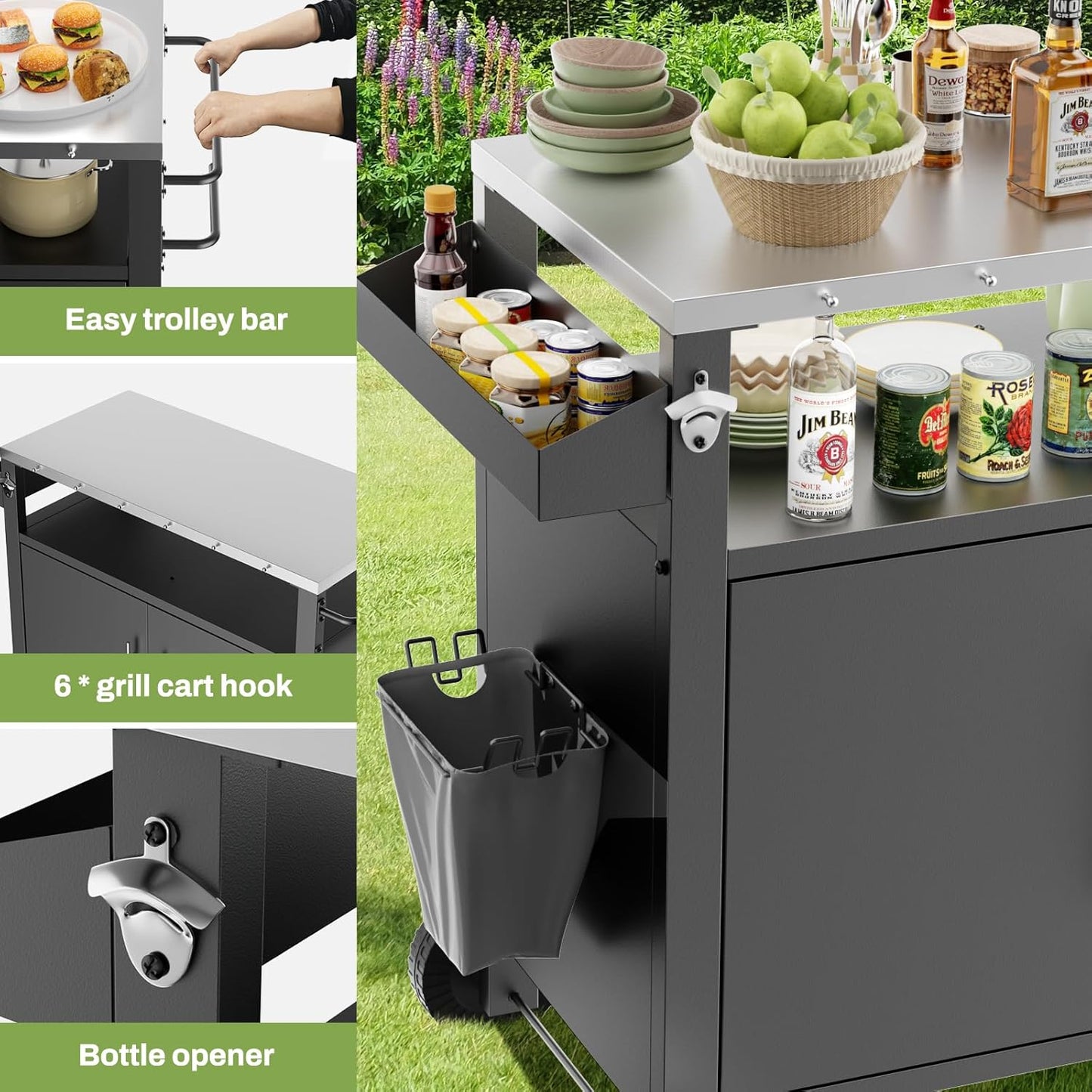 Outdoor Grill Cart with Patio Furniture, Outdoor Grill Table with Storage,Rolling Bar Cart Outdoor BBQ Cart with Hooks and Spice Rack for Grilling Accessories(Double Door, Black)