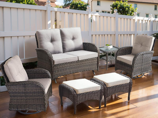 HUMMUH Patio Furniture 6-Piece PE Wicker Outdoor Conversation Set,All-Weather Rattan Swivel Chairs with Ottomans Glider Loveseat for Backyard,Poolside,Deck
