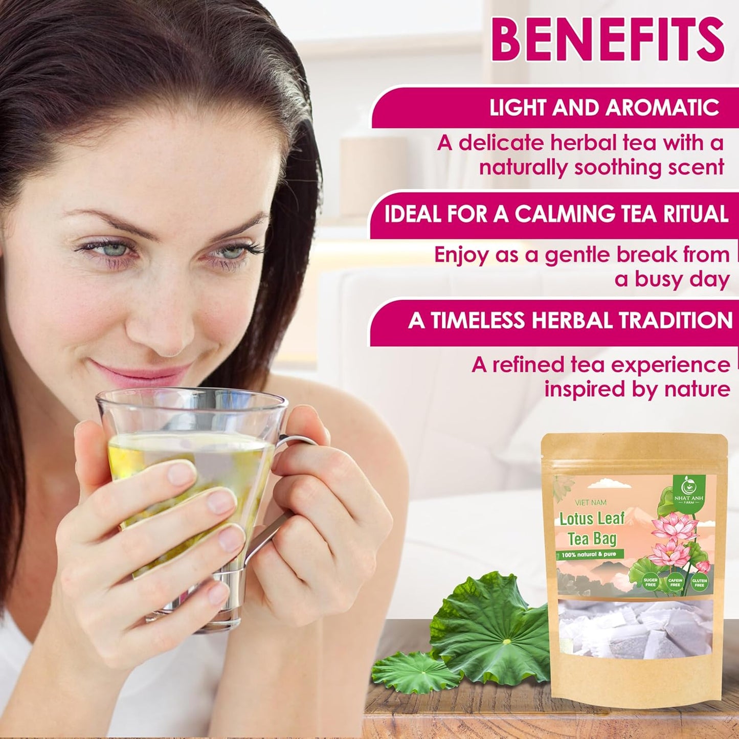 NHAT ANH FARM - Premium Lotus Leaf Tea Bags, 100 Teabags, 100% Natural, Hand-Selected Lotus Leaf Tea Bags, No Additives, Sugar-Free,Caffeine-Free. Good For Your Health.
