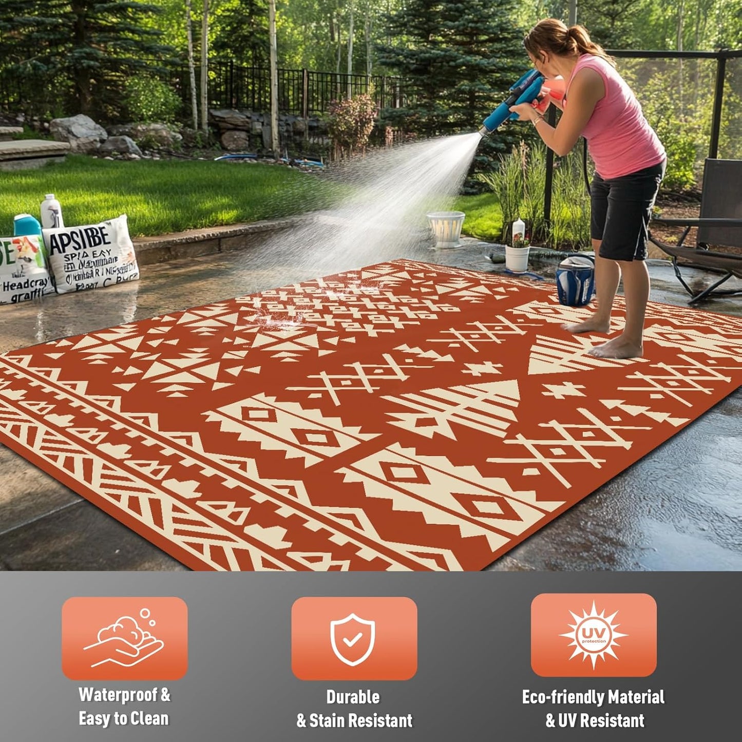 WILDROOTS 5x8 Feet Plastic Exotic Red Outdoor Rug, Stain Resistant Waterproof Reversible Outdoor Patio Rug, Fade Resistant Camping Rug