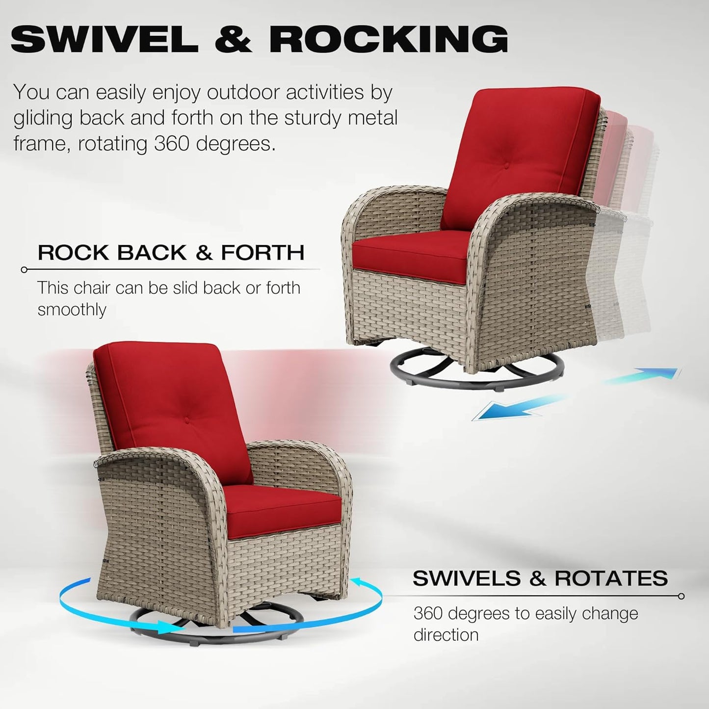 Joyside Outdoor Swivel Rocker Chairs, 6 Piece Wicker Patio Set with Thick Cushion and Side Table, Rattan Patio Swivel Rocking Chairs for Porch, Deck Use (Natural/Red, 6 PCS)