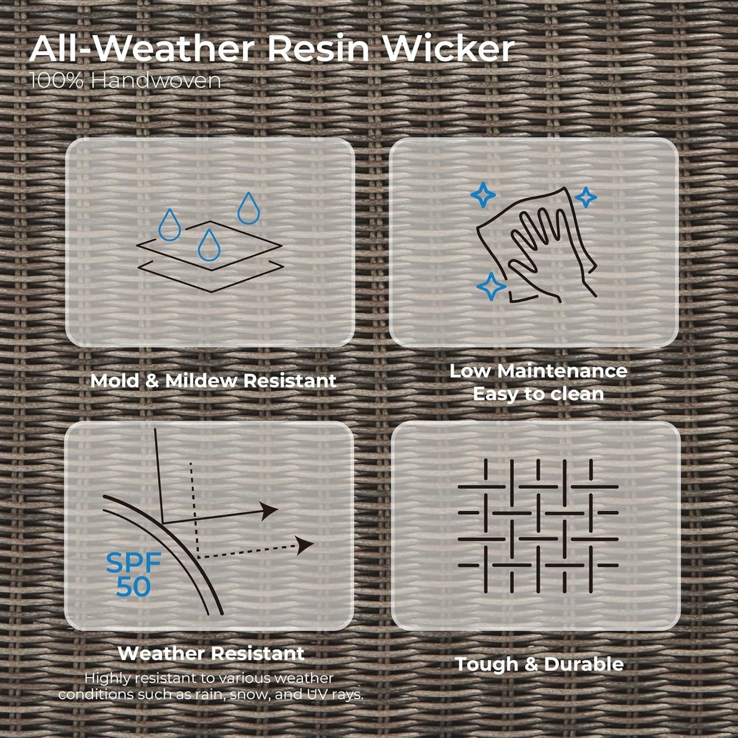 CHITA 5 Pieces Patio Wicker Furniture Set, Outdoor Rattan Bistro Set with Removable Thickened Cushions, Fully Assembled(Gray Cushions with Brownish Gray Wicker)