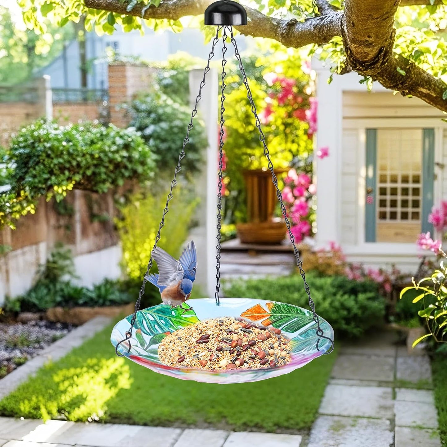 VCUTEKA Glass Hanging Bird Bath for Outdoors, BirdBaths with 21-Inch Rust-Proof Chain, Garden Yard Decor, Flamingo Pattern