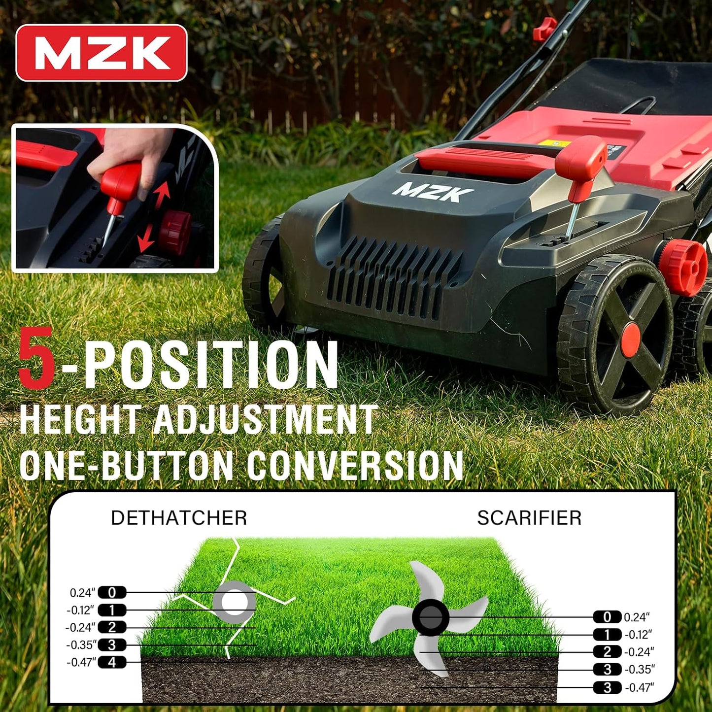 MZK 15-inch 2-in-1 Electric Dethatcher and Scarifier w/Removeable 5-Position Height Adjustment,Lawn dethatcher w/12-Gallon Thatch Collection Bag,Keep Lawn Health,DS15A03