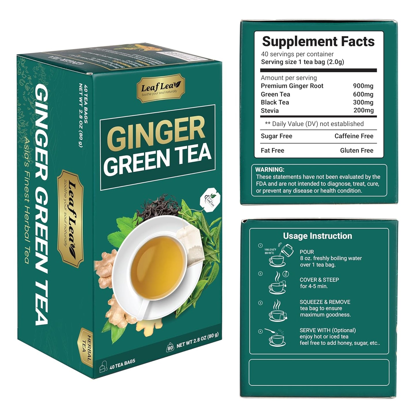 LeafLea Ginger Green Tea, 120 Tea Bags, Premium Green Tea Blend with Pure Ginger Root, Supports Digestive Wellness, Natural Flavor, Low Caffeine, Sugar-Free