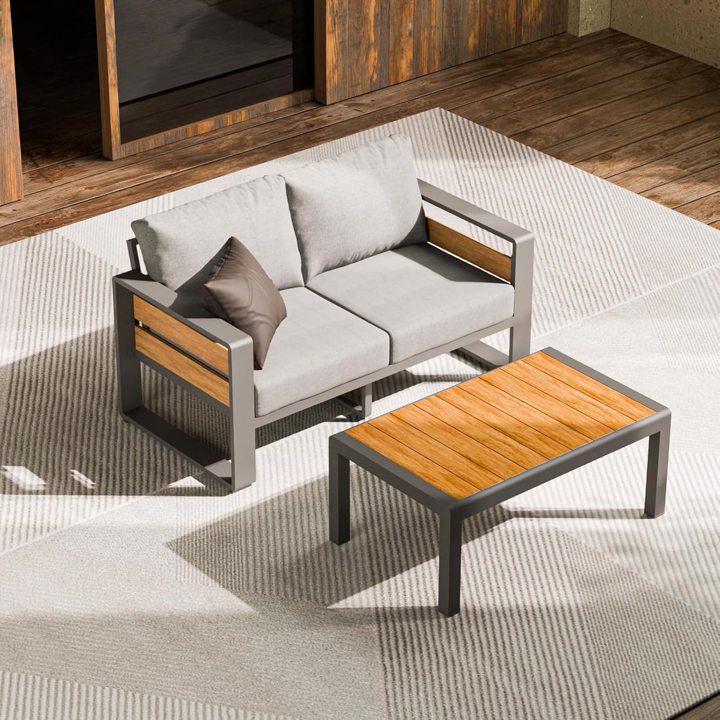 ZANDOR Aluminum Outdoor Patio Furniture - 1 Pcs Loveseat and Coffee Table, All-Weather Metal Modern Outside Furniture with Washable Thick Cushion for Garden/Backyard/Porch, Grey