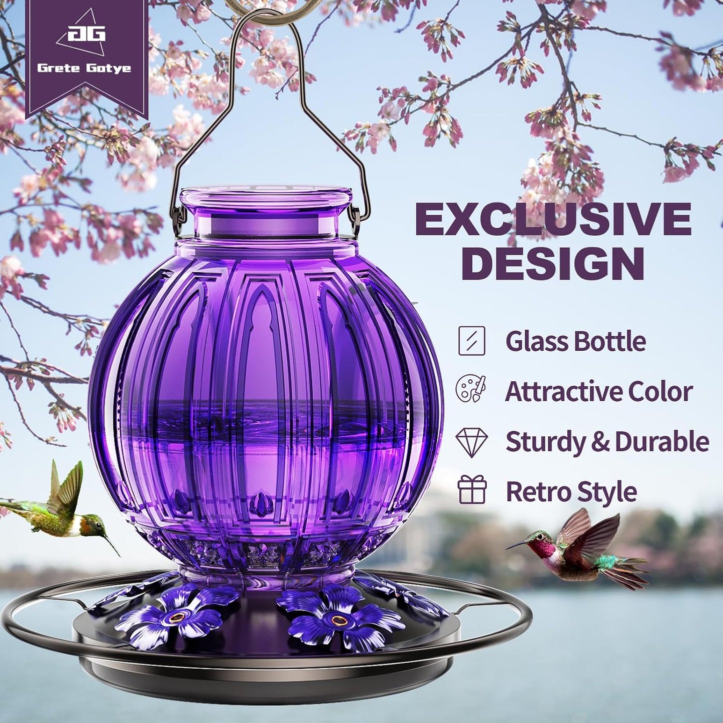 Glass Hummingbird Feeder for Outdoors Hanging, Bird Nectar Feeder with Perch & 5 Flower Feeding Ports, 26 Oz Leak Proof for Outside Garden Decor Backyard, Gifts for Women Mom, Purple