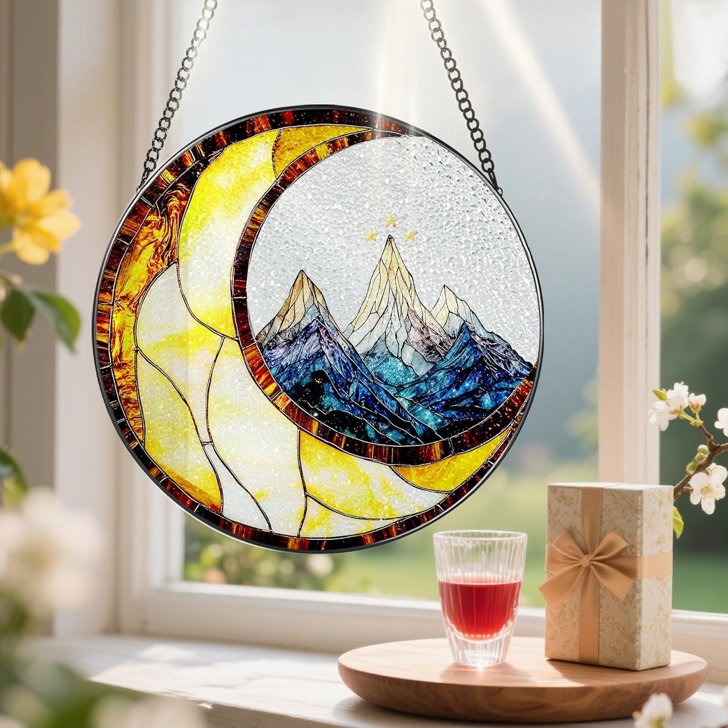 Stained Glass Window Hanging, Pauyadu 8 Inch Night Court Suncatcher Ornament, Stained Glass Suncatcher, Suncatchers for Windows Hanging, Window Decor, Gifts for Friend, Lover, Family, Artist