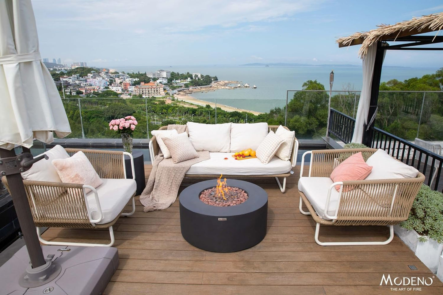 AMS Fireplace | Modeno Venice Package | Black Liquid Propane Gas Fire Pit Table for Outdoor Patio Bundle with Tank Cover, Wind Guard, and SS Burner Lid | Free Rubber Mat & Ice Bucket