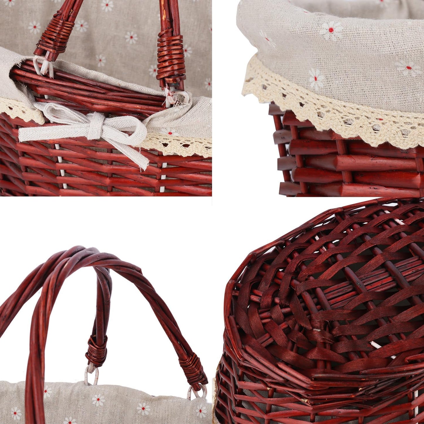 2 Pack Brown Wicker Basket with Linen Lining, 14 & 12 Inch Wicker Woven Picnic Basket with Handle for Picnic, Camping, Outdoor Party