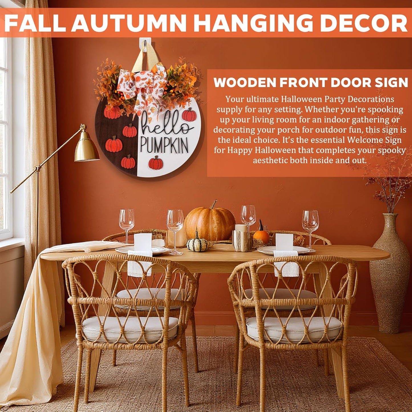 3D Hello Pumpkin Wooden Sign, Fall Outdoor Wreath for Front Door with Bow & Wreath | Fall Autumn Harvest Farmhouse Hanging Decor | Indoor Outdoor Porch, Wall, Home Decor