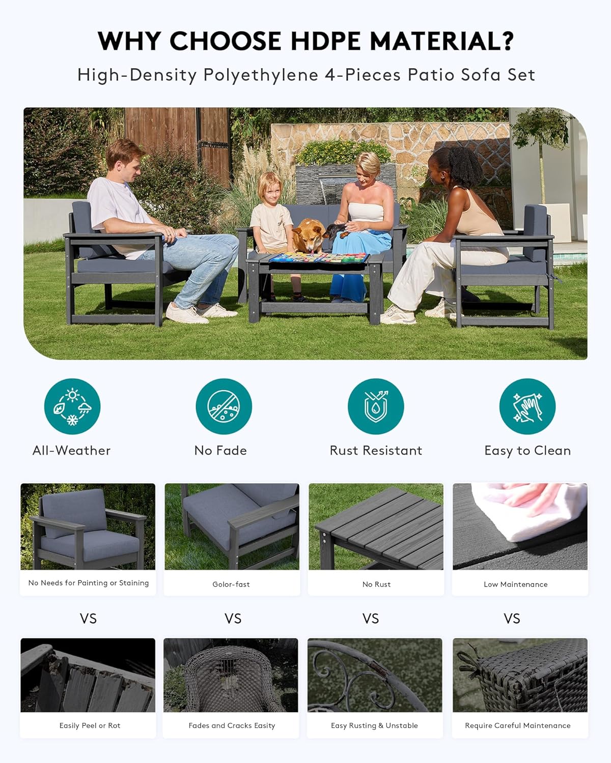 SERWALL 6 Pieces HDPE Outdoor Conversation Sofa Set with Cushions, All Weather Couch Loveseat Furniture with Coffee Table and Cushion, Outdoor Social Sofa Set, Grey Frame with Grey Cushions