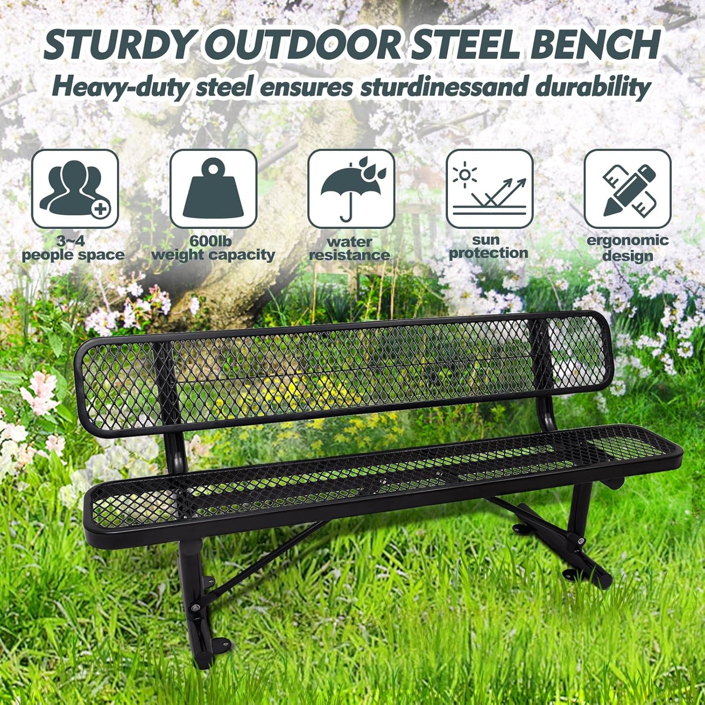 6Ft Heavy Duty Park Bench with Back Portable Frame, Outdoor Steel Bench with Backrest, Expanded Metal Mesh Bench for Lawn, Park, Deck, Garden, Patio, Porch, Black