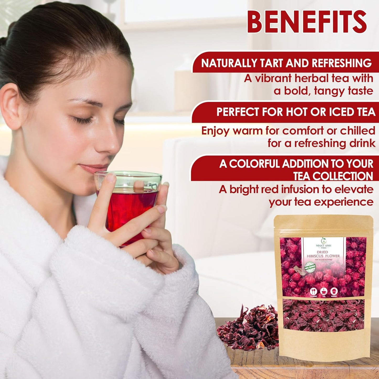 NhatAnhFarm, Dried Hibiscus. 100gr Natural Dried Hibiscus, 100% Natural & Pure, Sugar/Caffeine/Gluten Free. The Perfect Ingredient For Making Tea, Baking, And Effective Deodorizing