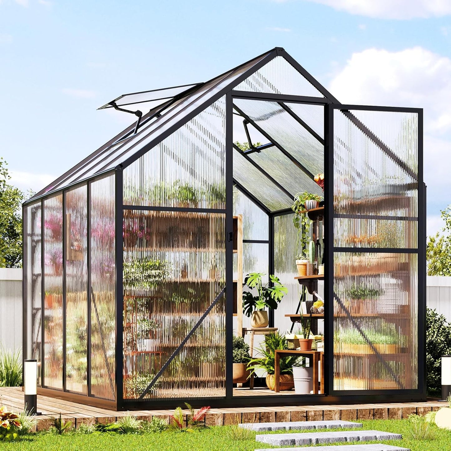 Jocisland 6x8x6.3 FT Polycarbonate Greenhouse for Outdoors with 2 Windows, Dual Swing Doors, Aluminum Walk-in Frame, Heavy Duty Garden Greenhouse for Backyard, Black