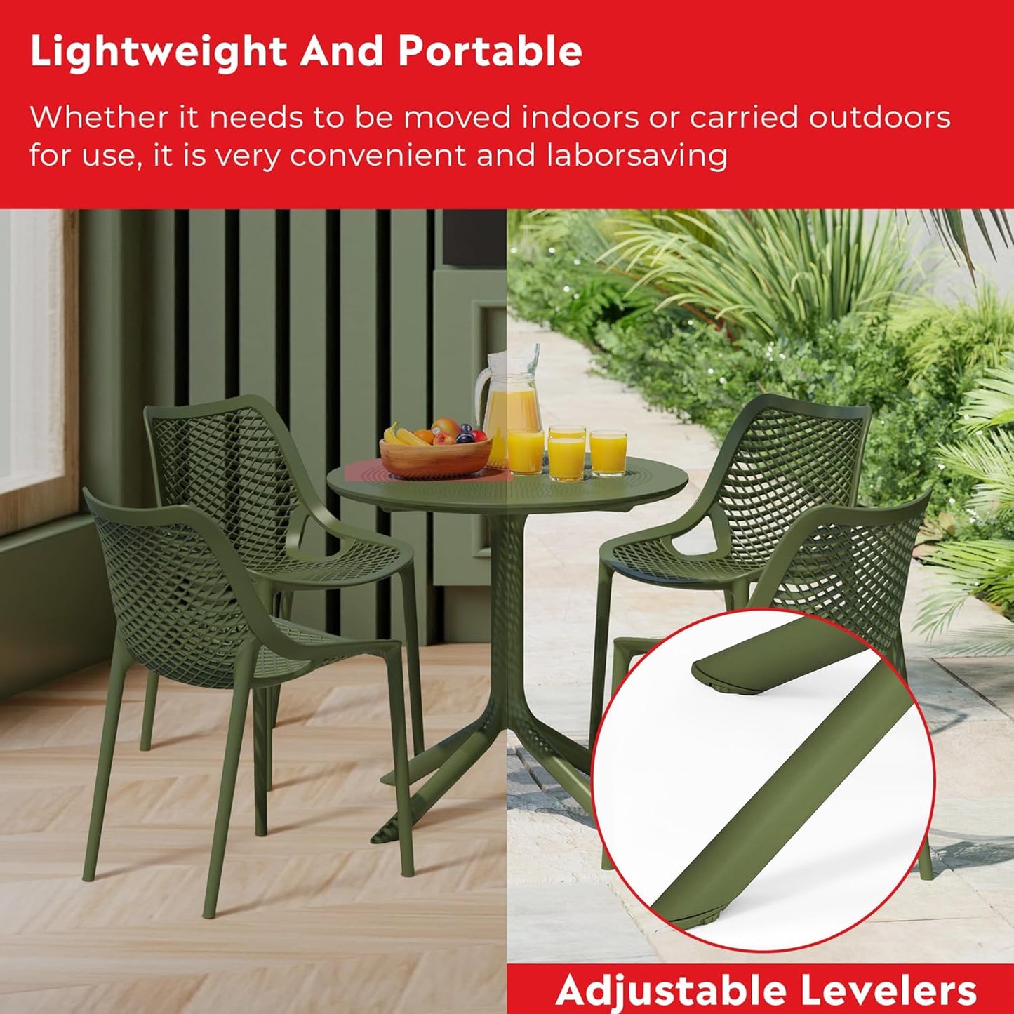 Dining Set for 4, HDPE Patio Round Dining Table and Stackable Comfortable Dining Chair, Outdoor Small Patio Furniture Set All Weather for Backyard Porch Poolside, Olive Green