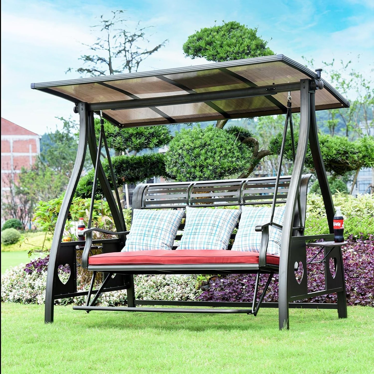 3-Seat Solar Outdoor Patio Swing Chair with Footrest Outdoor Porch Swing with Aluminum Frame Adjustable Tilt Canopy for Poolside Balcony Backyard (Plaid Pillow + Red Cushion)