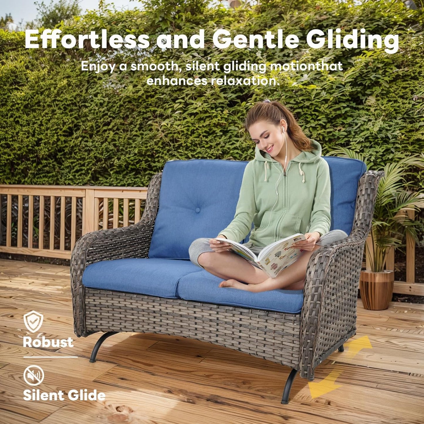 Spacious Outdoor Glider Bench - 500 LBS Weight Capacity Small Loveseat, 2 Seater Patio Gliders Furniture All Weather Wicker Couch with Removable Cushion for Deck Sunroom Balcony Backyard