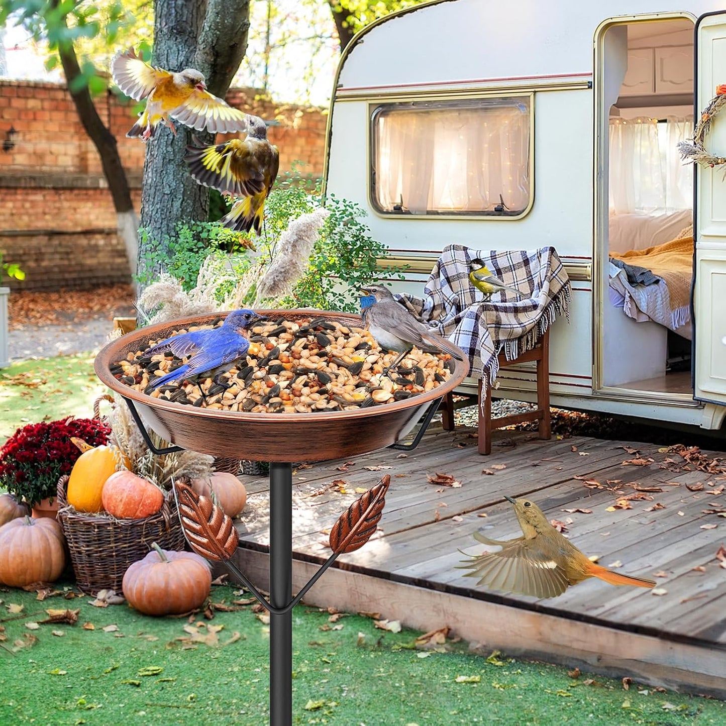 37.8In Metal Bird Bath for Outside, Vintage Birdbaths Removable Feeder Bowl with 5 Prongs Base Stake, Easy to Clean Birdfeeder for Outdoors Garden Yard Lawn Decor(Vintage Brown, Leaf)