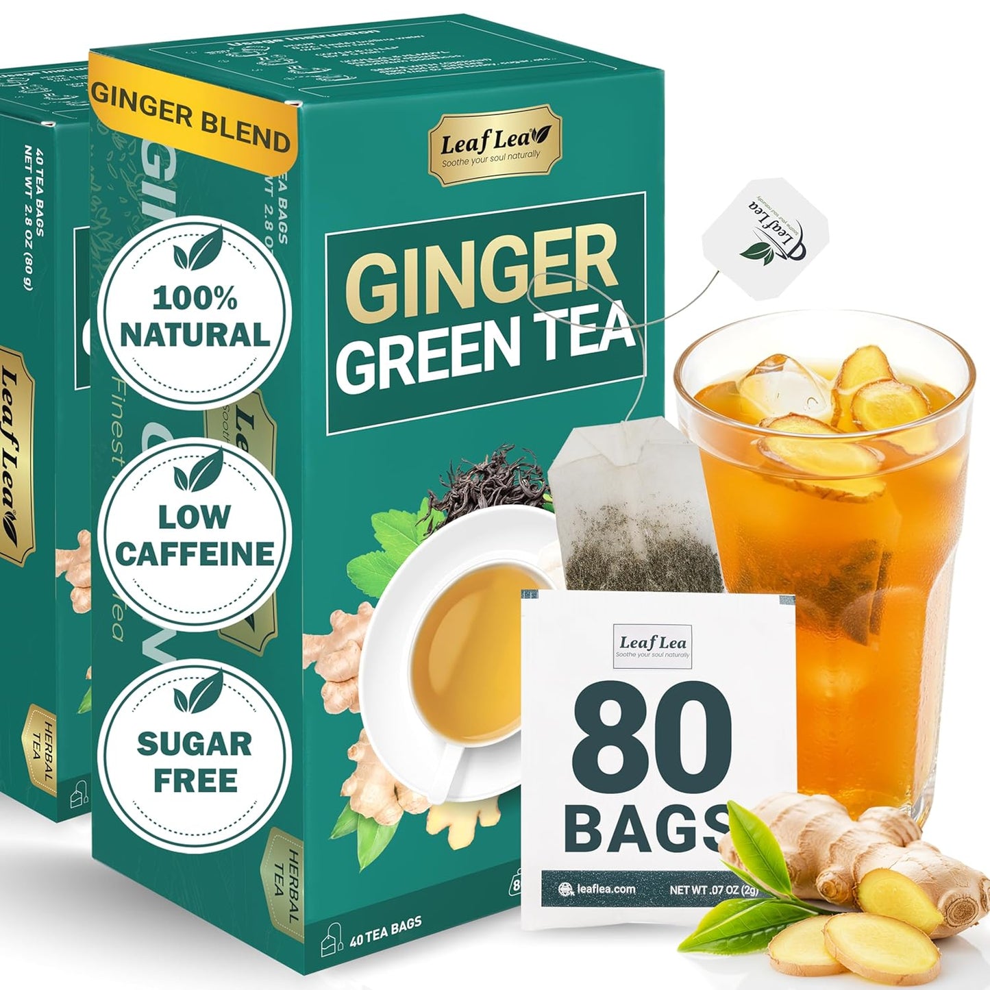 LeafLea Green Tea with Ginger, 80 Tea Bags (2 Packs), Natural Green Tea with Ginger Root, Lightly Sweetened with Stevia, Supports Digestion and Immunity, Low Caffeine, Non-GMO, Gluten-Free