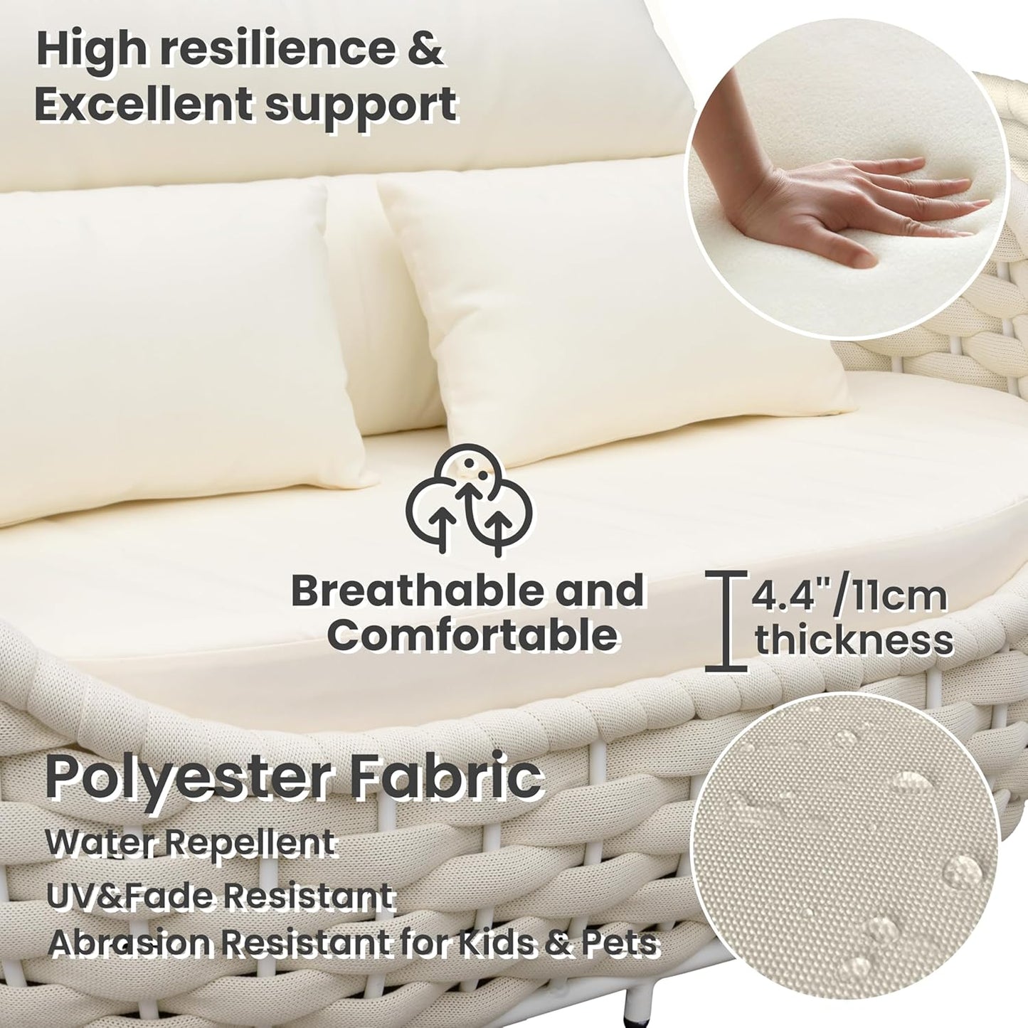 Woven Rope Outdoor Sofa Set: 6 Pieces Aluminum Patio Conversation Set Assembled - All Weather Cushioned Porch Furniture Couch - Modern Metal Lounge Set for Deck Yard Resort Hotel Sunroom, Beige