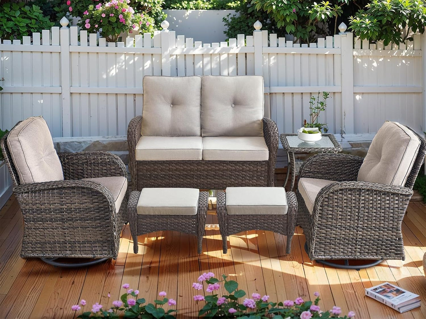 HUMMUH Patio Furniture 6-Piece PE Wicker Outdoor Conversation Set,All-Weather Rattan Swivel Chairs with Ottomans Glider Loveseat for Backyard,Poolside,Deck