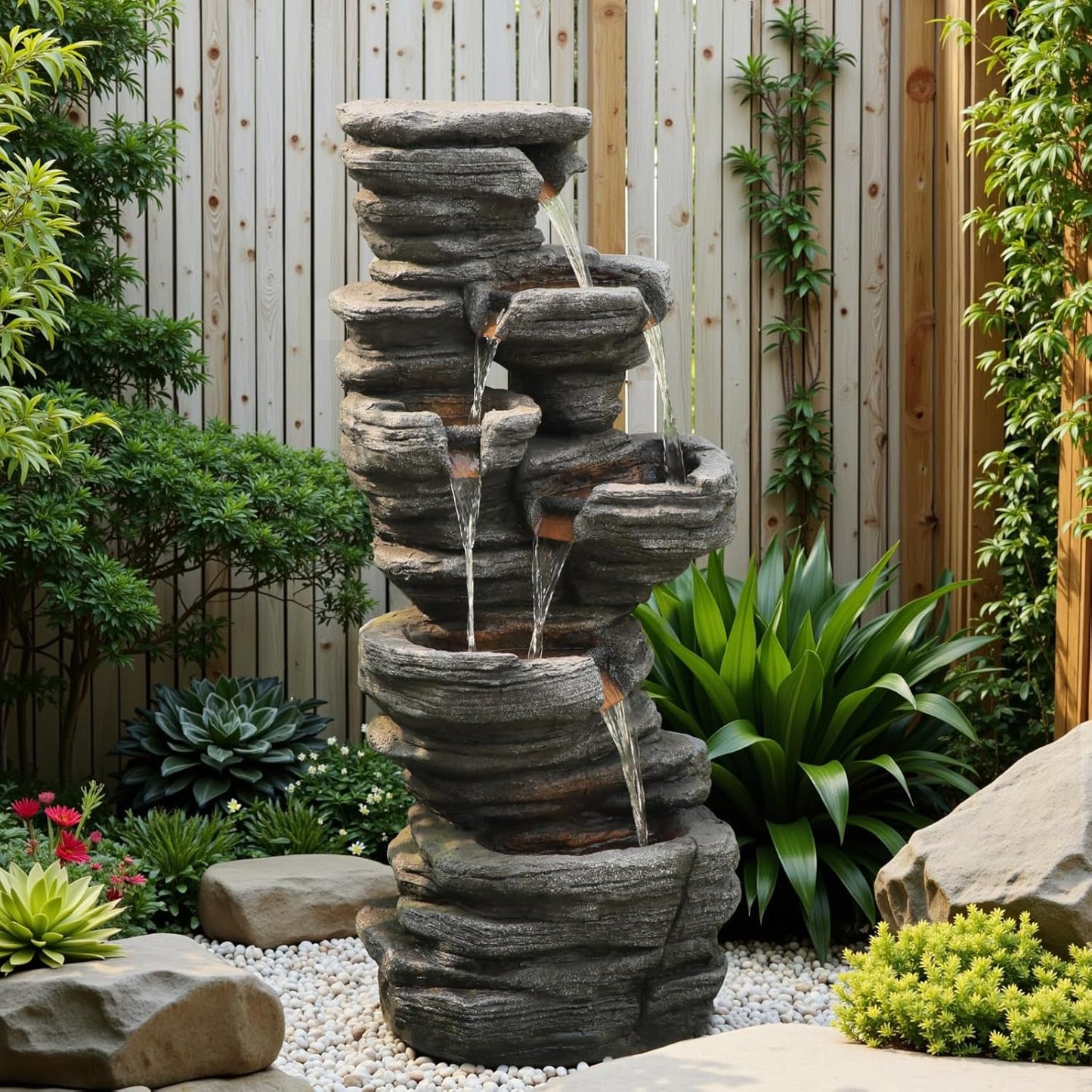 42.5" H Garden Outdoor Water Fountain with LED Lights & Pump, Mutiply-Tier Cascading Outdoor Fountain for Garden,Patio,Porch,Backyard,Home Art Decor