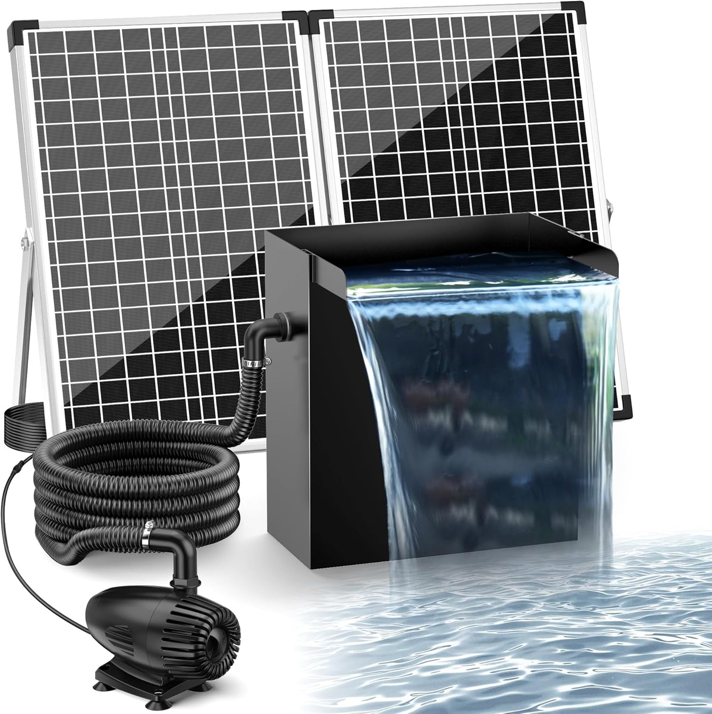 POPOSOAP 70W Solar Pond Waterfall Spillway Kit, 304 Stainless Steel Pondless Waterfall Box with 10FT Corrugated Tubing, 4 Pcs Filter Brushes, 580GPH Solar Powered Water Pump for Garden Ponds