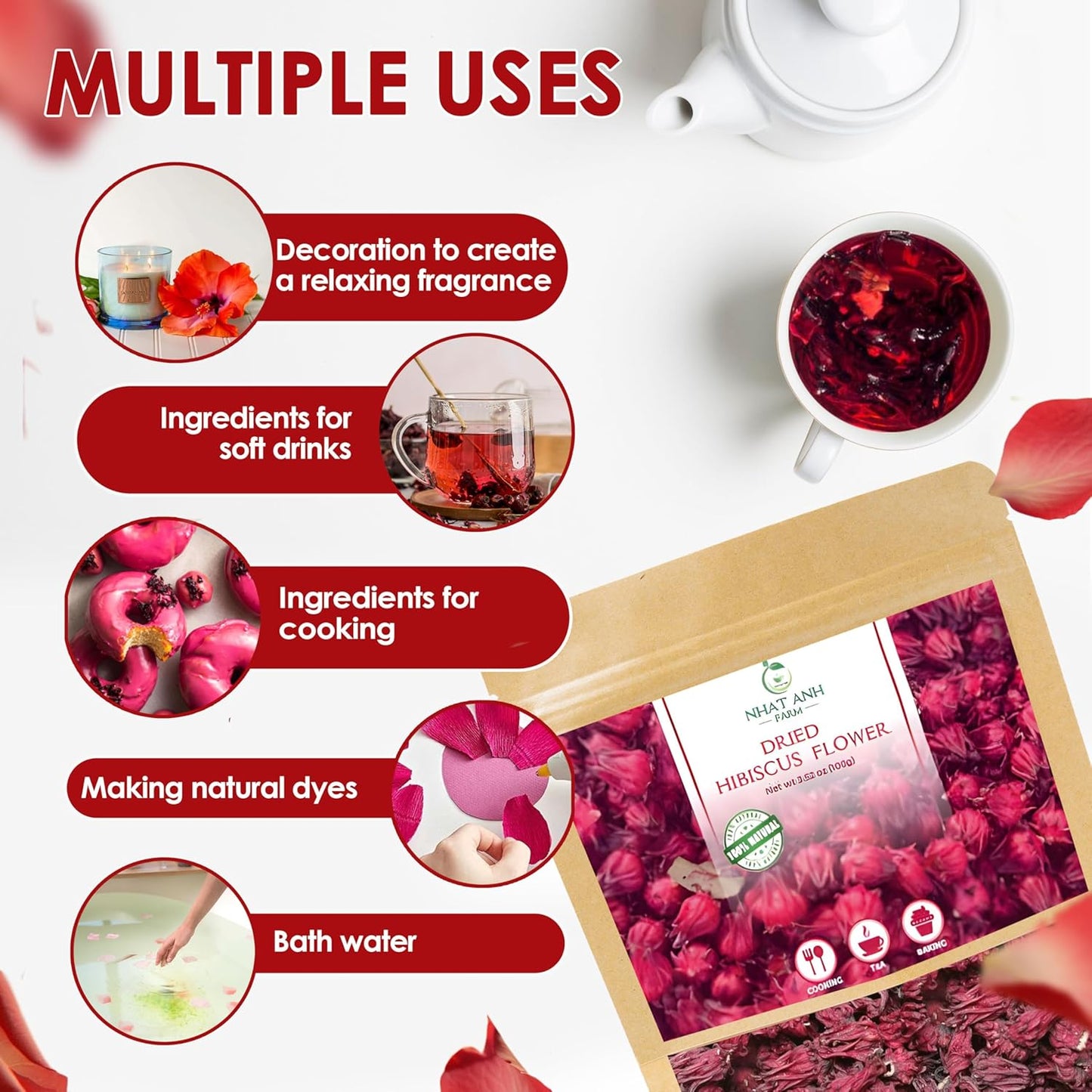 NhatAnhFarm, Dried Hibiscus. 100gr Natural Dried Hibiscus, 100% Natural & Pure, Sugar/Caffeine/Gluten Free. The Perfect Ingredient For Making Tea, Baking, And Effective Deodorizing