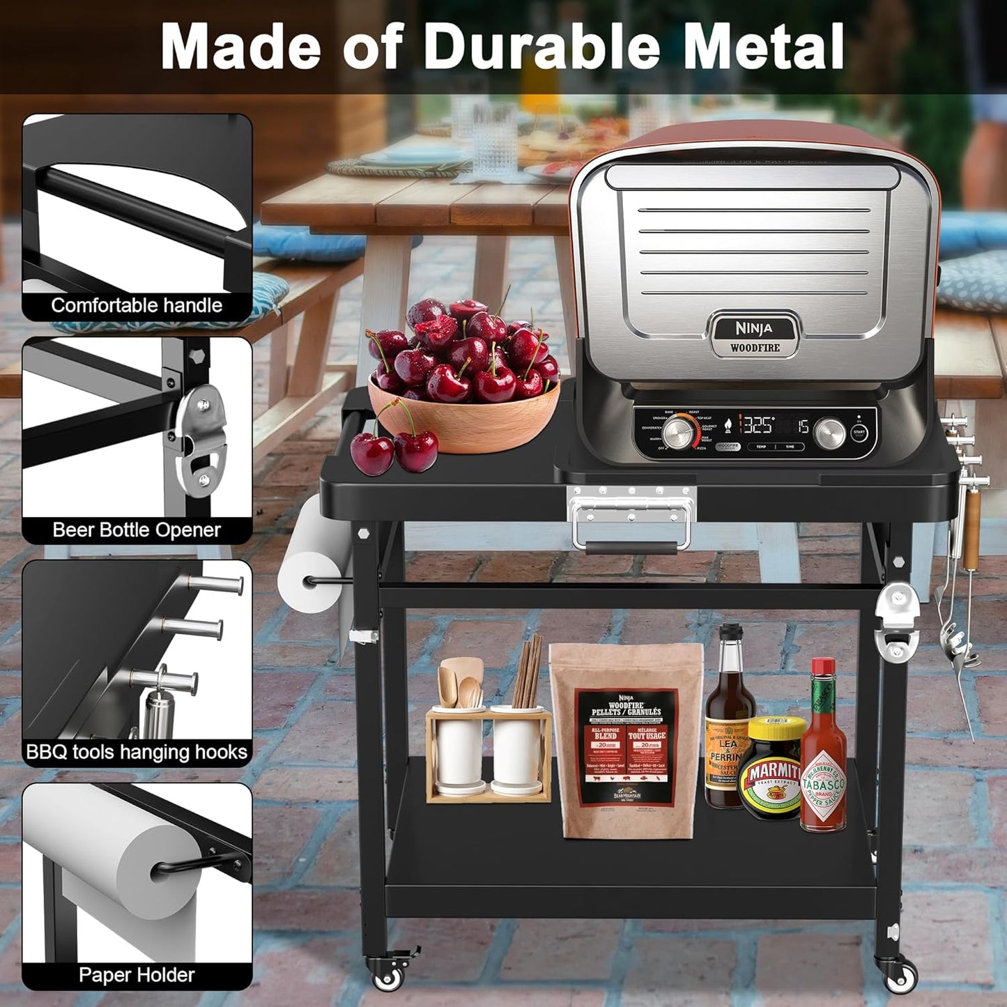 LS'BABQ Grill Stand for Ninja Woodfire Outdoor Grill and Smoker Pizza Oven Accessories,Foldable Grill Cart Table for Ninja XSKUNSTAND OG700 OG800 OG900 OO101 Series with Wheels,Black, GTFN117